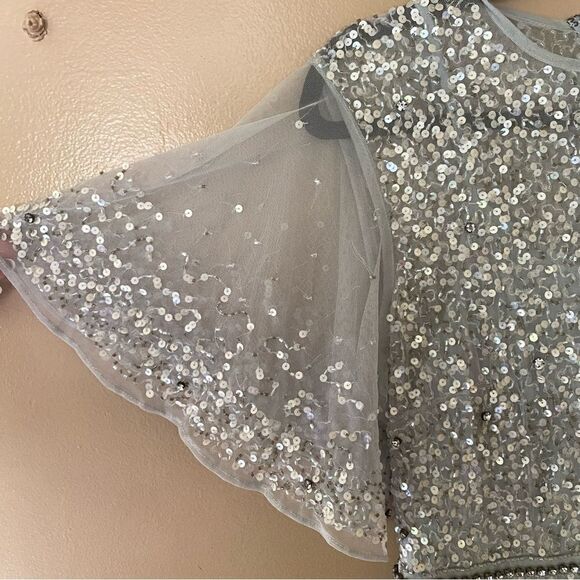 Mac Duggal #93655 Cape Sleeve Beaded Tea Length Dress blue Sz 4 NWT $598 - Picture 16 of 16